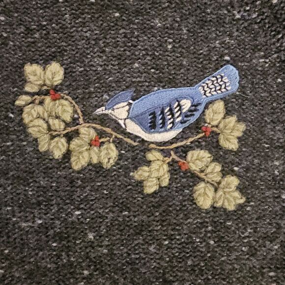 Woolrich Wool Blend Gray Sweater Embroidered Blue Jay Bird Crew Neck Womens XL - Picture 1 of 6